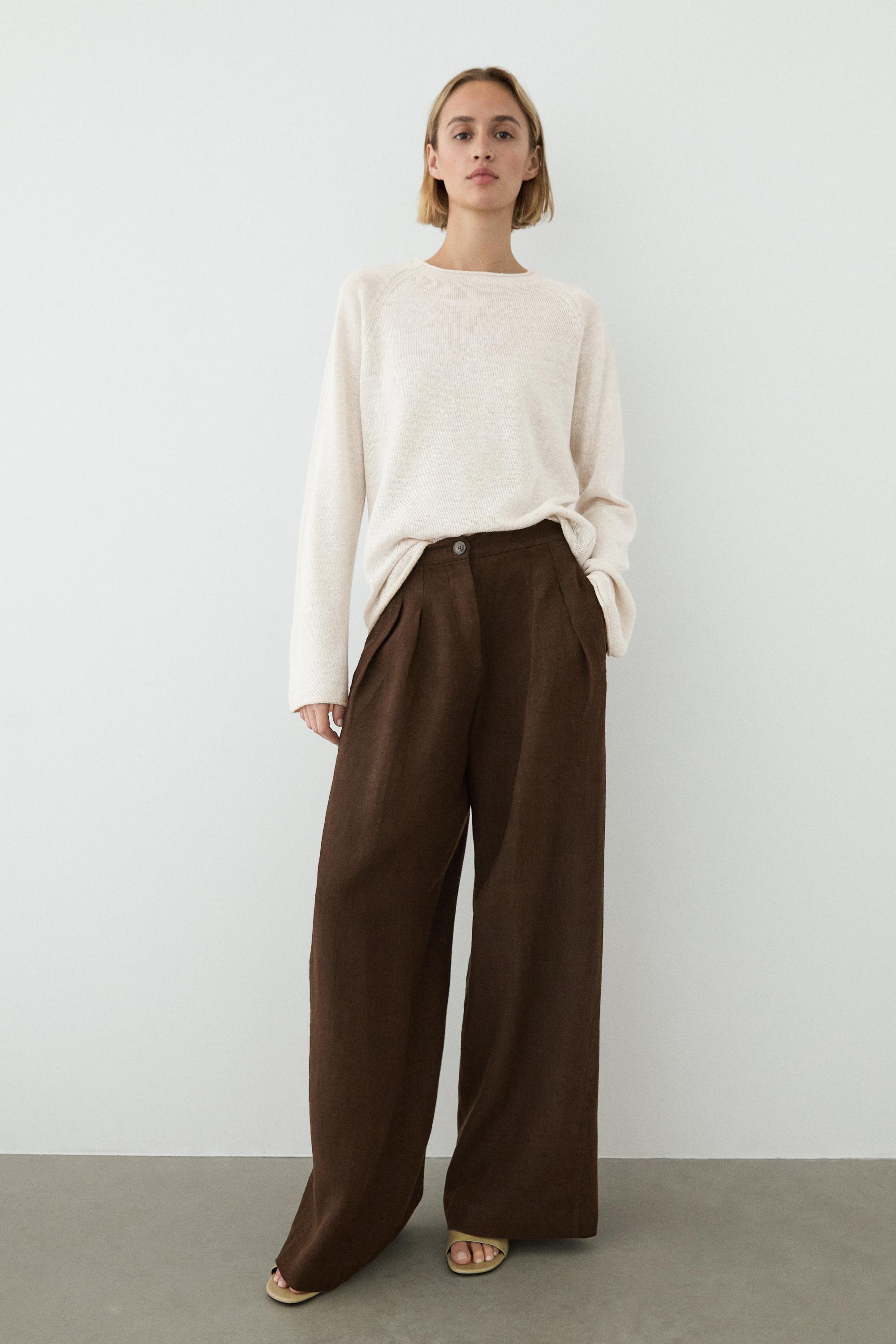 100% linen wide-leg pleated trousers